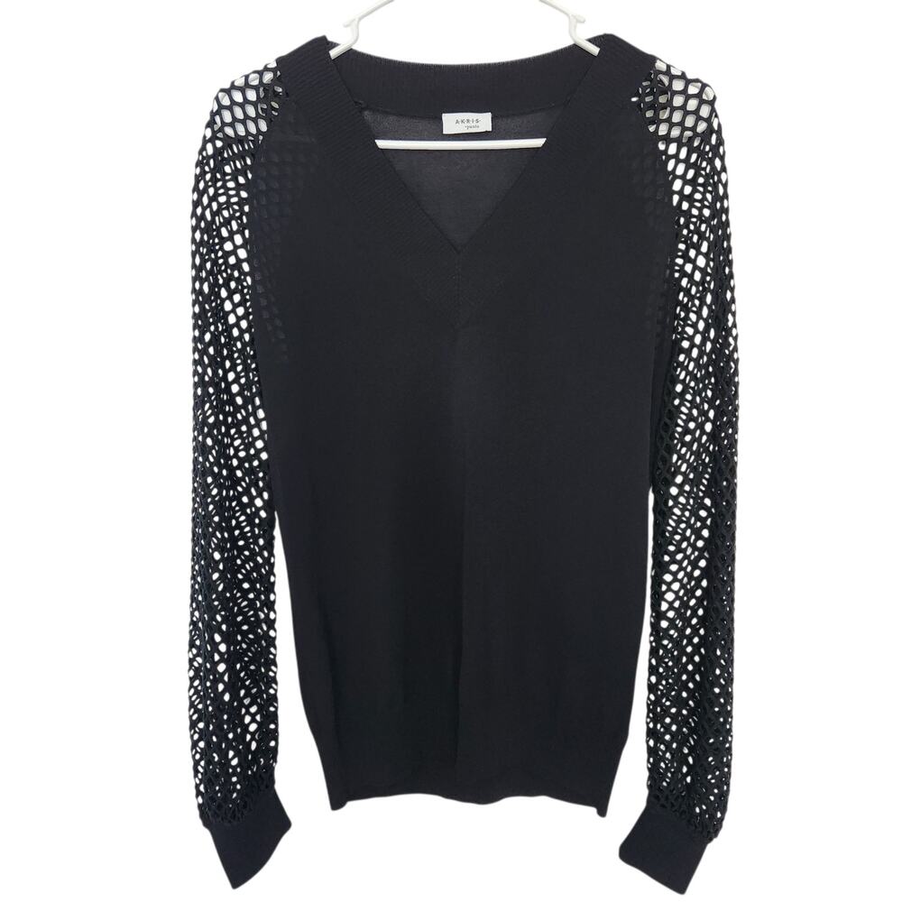 AKRIS Punto Knit V Neck Top 2 Black Mesh‎ Sleeves Designer Office Whimsigoth